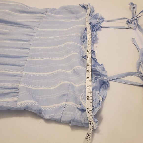 BCBG Paris Light Blue Crepe Midi Dress Size L Babydoll Summer Peasant Stripped - Picture 7 of 9